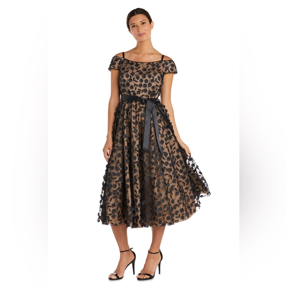 R&M Richards Black Floral Applique Midi Dress with Satin Waist Tie
